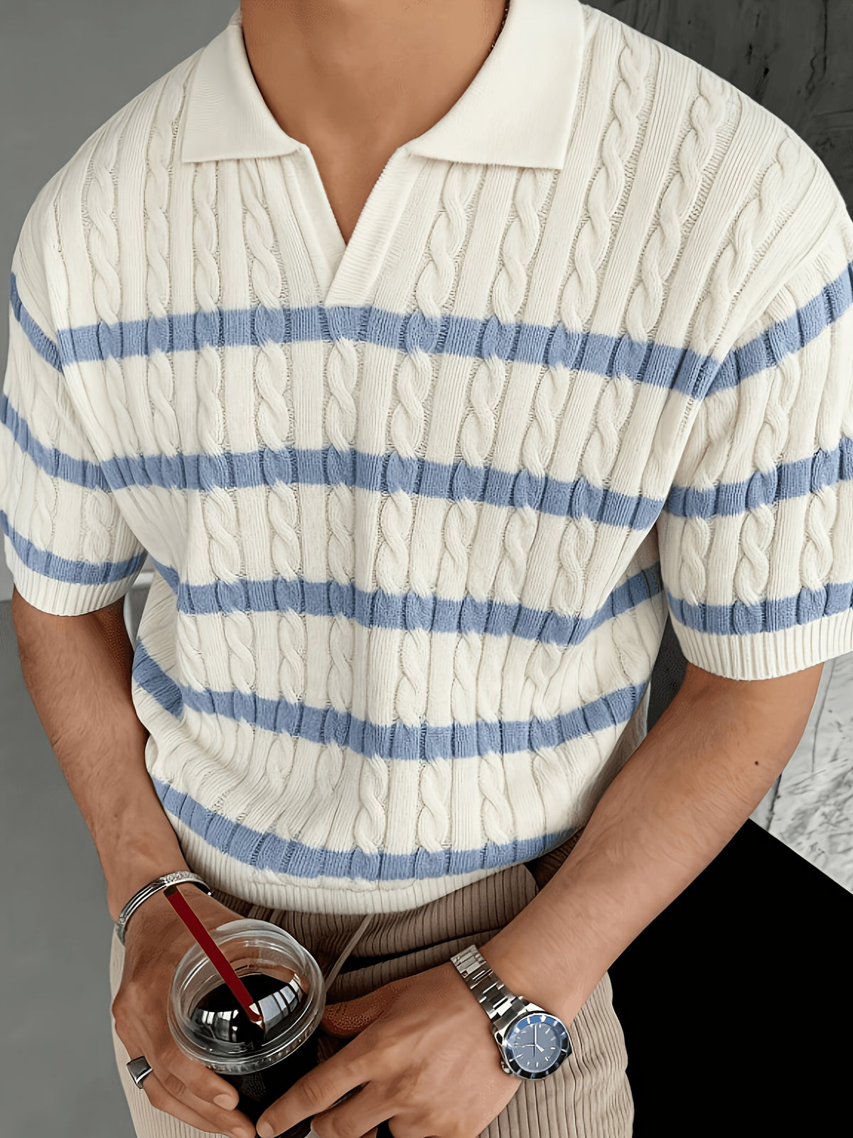 Summer Lapel Short Sleeve Polo Shirt, Men'S Loose American Stretch T-Shirt Style Striped Short Sleeve Knit Sweater, Polo Shirt with Jacquard Design, Soft Texture Fabric, Outdoor Casual Business Breathable Lacrosse Shirt Golf Shirt - White Blue Stripe