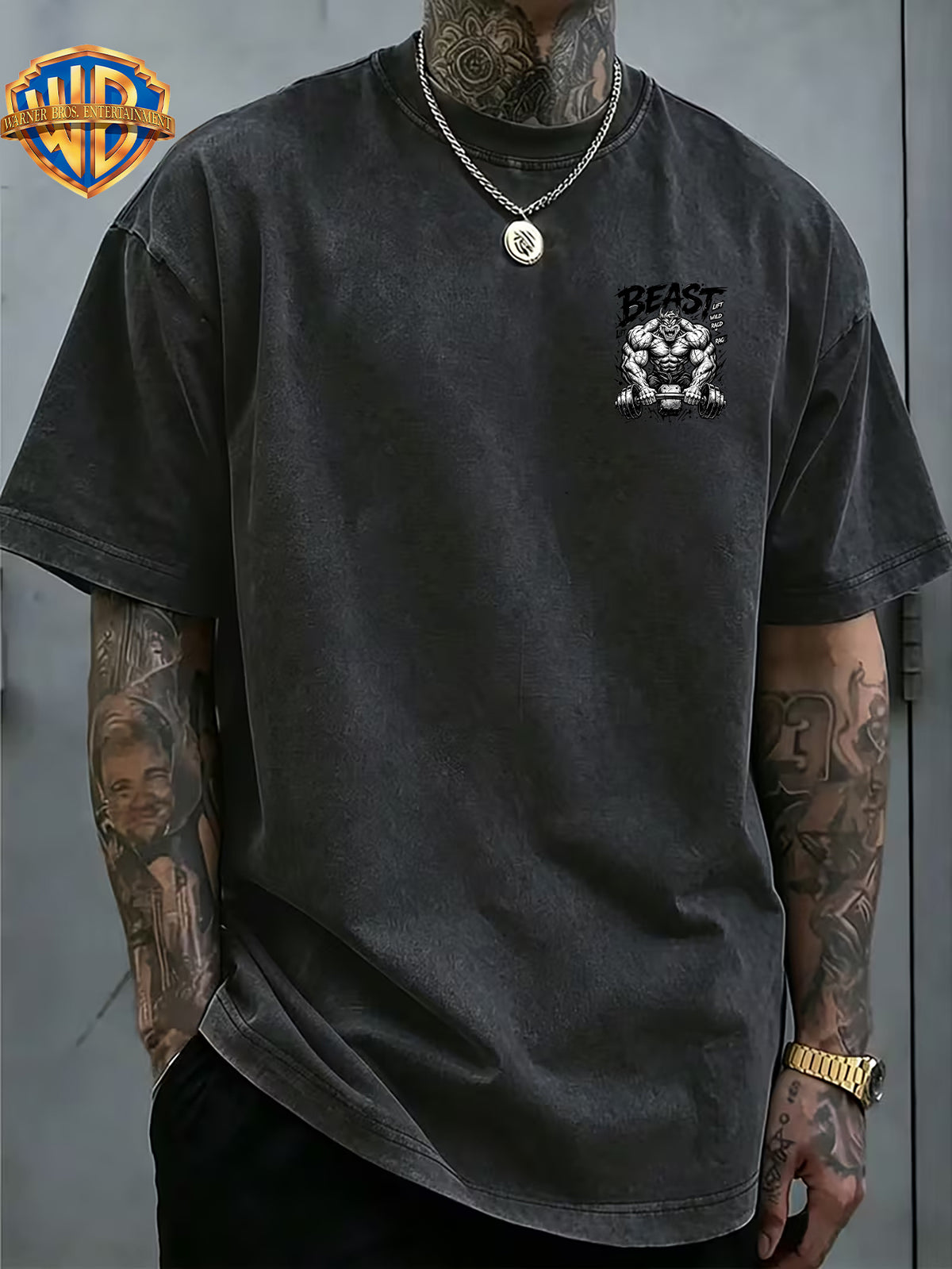 Fitness Beast Dumbbell Print Washed Distressed T-Shirt, Men'S 100% Fabric, Casual Comfortable Style, Loose Fit Breathable Short Sleeve Men'S Casual Top, Distressed Washed Loose Fit - Black