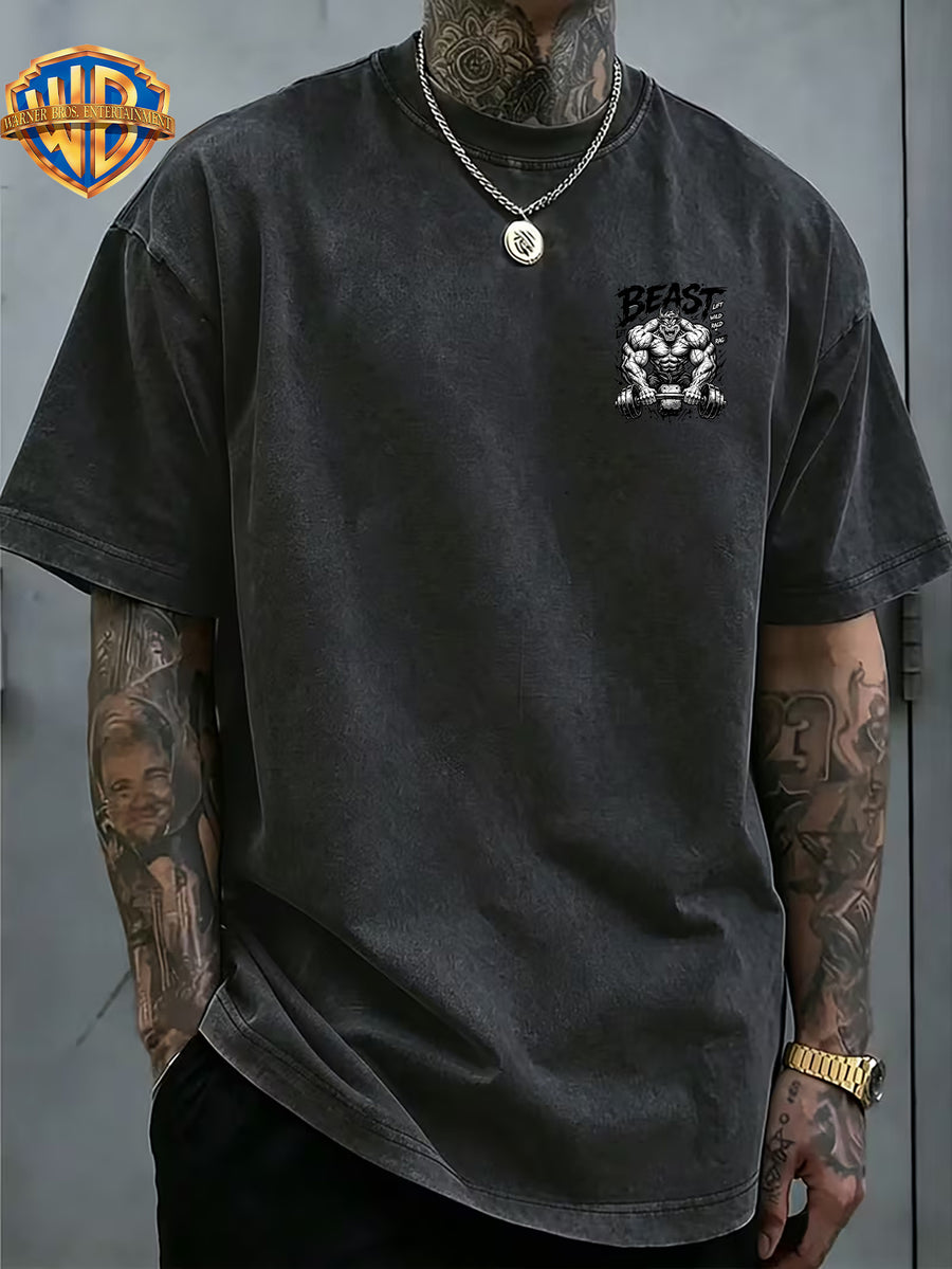 Fitness Beast Dumbbell Print Washed Distressed T-Shirt, Men'S 100% Fabric, Casual Comfortable Style, Loose Fit Breathable Short Sleeve Men'S Casual Top, Distressed Washed Loose Fit - Black