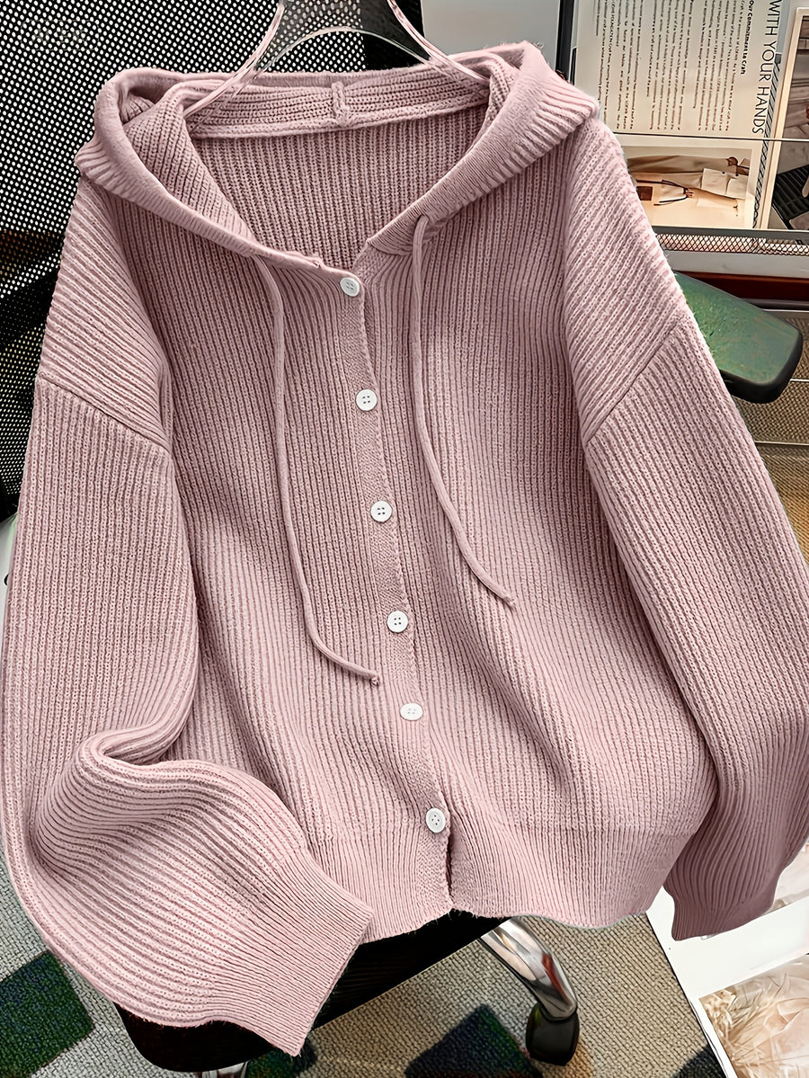 Autumn And Winter Hooded Cardigan, Solid Color Casual Easy Button-Up Sweater, Soft And Comfortable Elegant Women'S Clothing - Pink Color