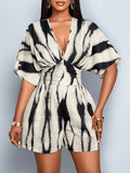 Women's Elegant and Fashionable Floral Pattern Jumpsuit with a Deep V-neck and Batwing Sleeves, Featuring a Pleated Waist, Perfect for Spring/summer. Suitable for Commuting, Casual Wear, Dates, Sexy Looks, Romance, Vacations, and Parties. - Milky