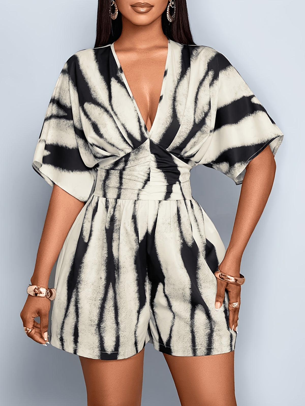 Women's Elegant and Fashionable Floral Pattern Jumpsuit with a Deep V-neck and Batwing Sleeves, Featuring a Pleated Waist, Perfect for Spring/summer. Suitable for Commuting, Casual Wear, Dates, Sexy Looks, Romance, Vacations, and Parties. - Milky