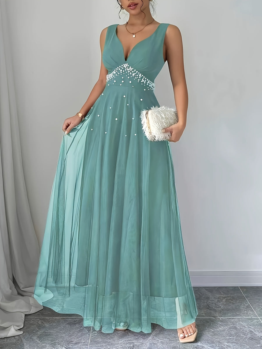 Elegant Women's Heart-Neckline Pearl Spandex Mesh Banquet Flared Long Dress, Elegant Party Dress for Spring/Summer, Suitable for Parties, Dinners, and Weddings, High-Quality Evening Gown, Modern, Elegant, and Chic Women's Long Party Dress - Light Green