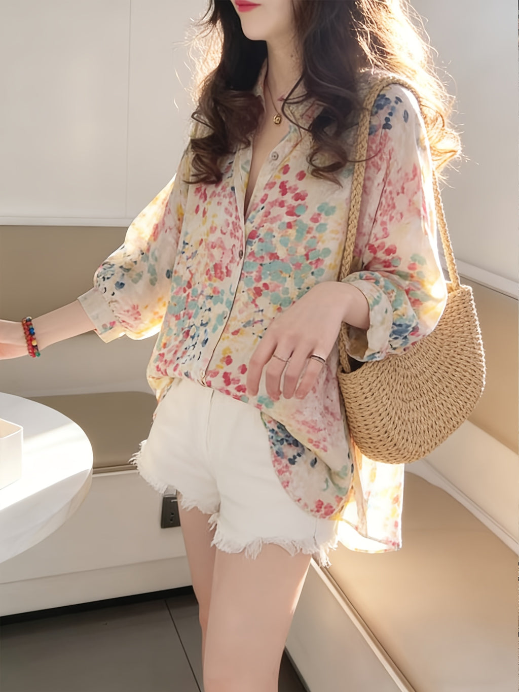 New Women's Loose-Fit Floral Print Shirt | Versatile and Elegant Top for Commuting and Vacation | Floral Print Three-Quarter Sleeve Blouse with Tummy Control | Korean-Style Gentle Vintage Hong Kong Fashion Design Lightweight Jacket | Suitable - Rose Red