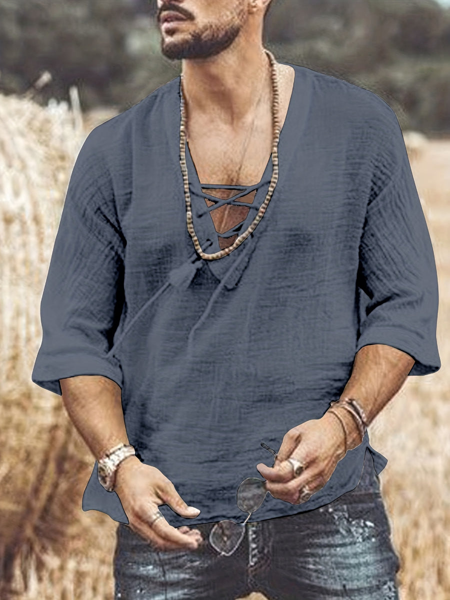 Men's Summer Casual V-Neck Breathable Short-Sleeve Fashion Drawstring Solid Color T-Shirt with Wrinkle Fabric - Gray Basket