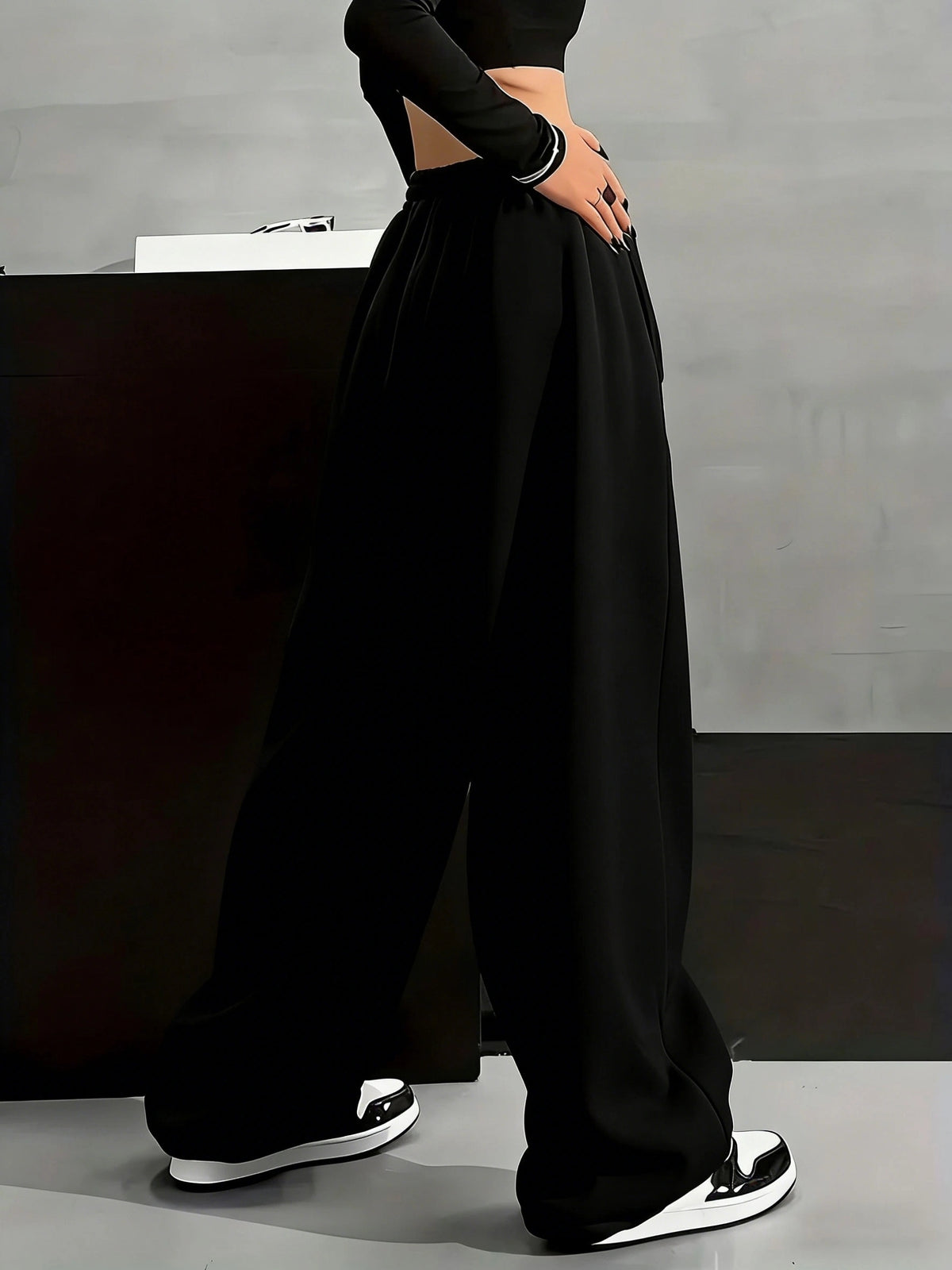 Women'S Fleece Trousers, Autumn and Winter Fashion Casual | Monochrome Tunic Trousers with Geometric Pattern, Casual Loose Sweatpants with Drawstring Detail - Jet Black