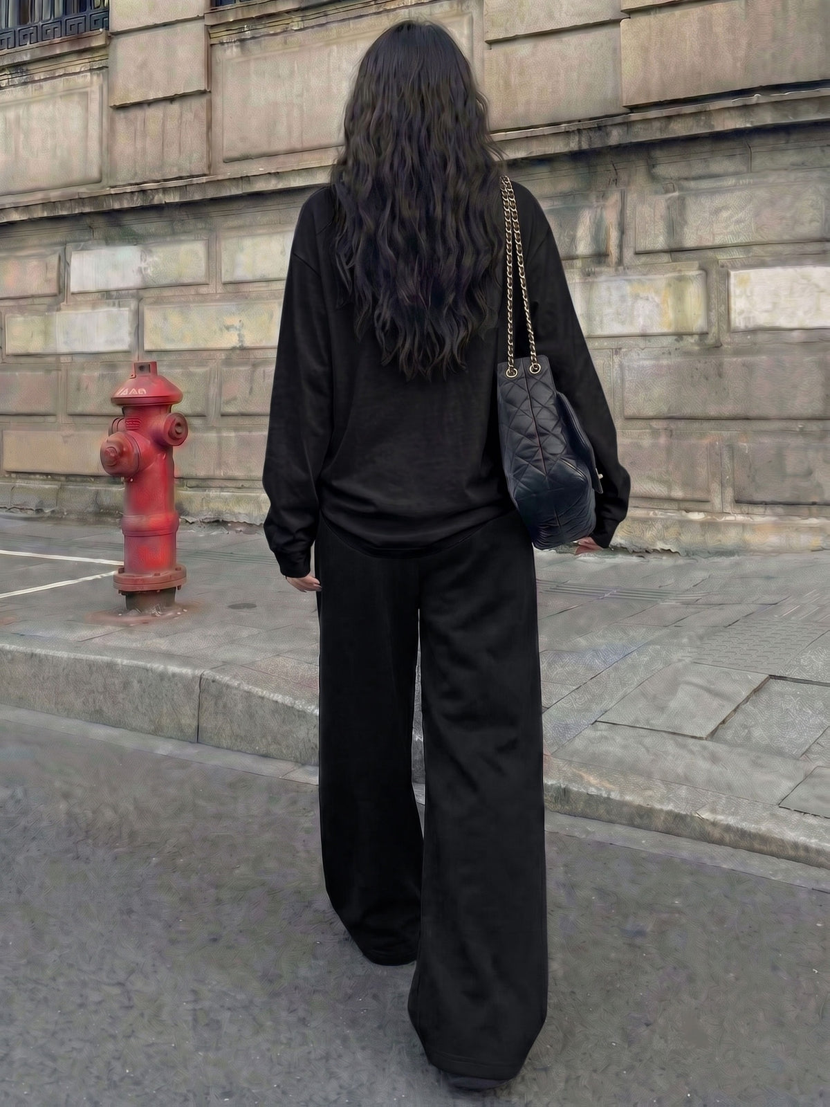 Retro Trendy Half-Wing Print 2pcs Set Women'S Casual Street Long Sleeve And Long Pants Suit, Suitable for Street Hot, American Baseball Jersey Sport Street Fashion - Black+black