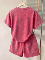 Summer Autumn Fashion Distressed Washed Short Sleeve Shorts with Drawstring Casual Women'S Set, Comfortable for Hot Weather, Classic Silhouette, Relaxed Fit, Casual Home And Outing Two-Piece Set - Red