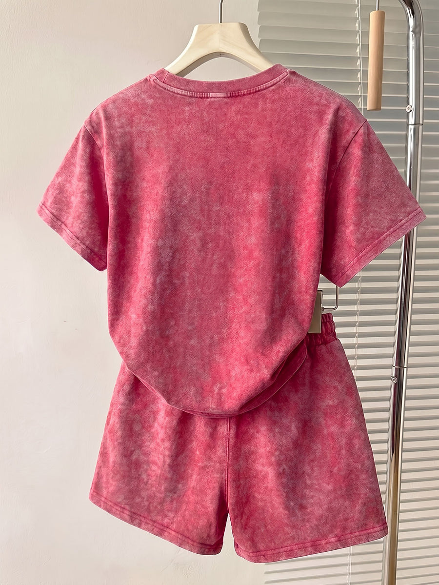 Summer Autumn Fashion Distressed Washed Short Sleeve Shorts with Drawstring Casual Women'S Set, Comfortable for Hot Weather, Classic Silhouette, Relaxed Fit, Casual Home And Outing Two-Piece Set - Red