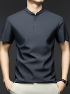 Men's Summer Mid-Life Seamless Stand Collar Short Sleeve T-Shirt, Solid Color Polyamide-Spandex Breathable Half-Sleeve Tee - Dark Gray