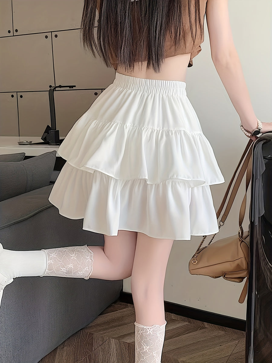 New Autumn and Winter Style Versatile Double-layered Cake Skirt for Women, High-waisted,, A-line Flared Short Skirt with Lotus Leaf Hem, Suitable for Petite Figures. - White