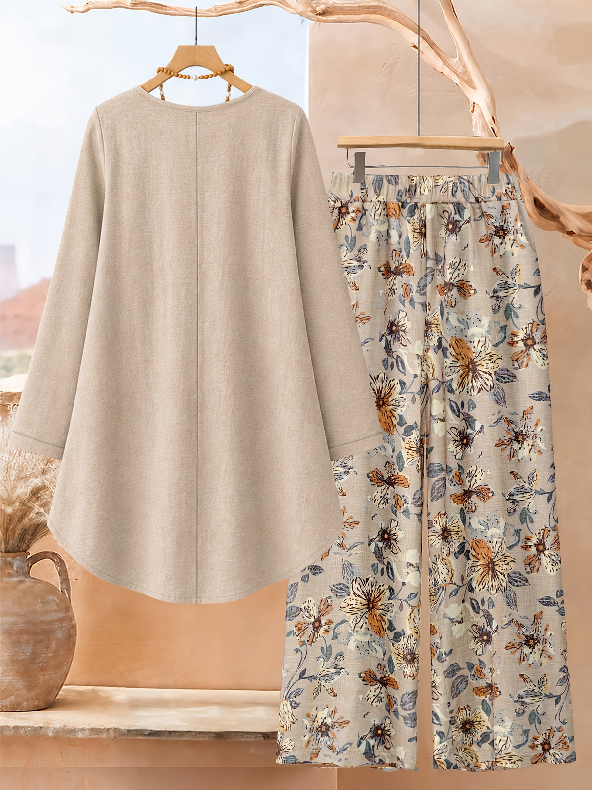 Women's Fashion Solid Color Irregular Hem Design Top with Floral Print Long Pants 2pcs Set, Casual and Versatile for Commuting - Khaki