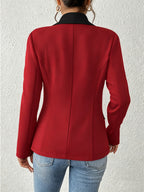 Women's Color-Block Shawl Collar Faux Pocket Long Sleeve Cardigan, Fashionable, Elegant, Casual, and Business-Style Blazer - Red
