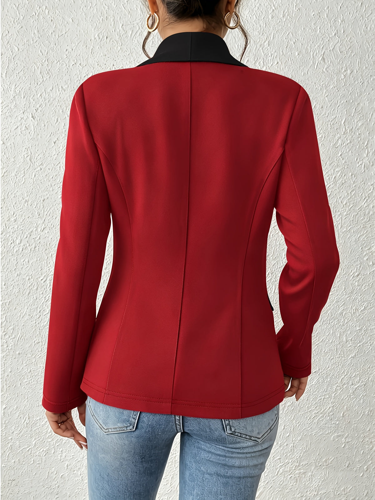 Women's Color-Block Shawl Collar Faux Pocket Long Sleeve Cardigan, Fashionable, Elegant, Casual, and Business-Style Blazer - Red