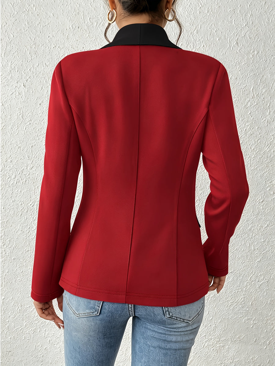Women's Color-Block Shawl Collar Faux Pocket Long Sleeve Cardigan, Fashionable, Elegant, Casual, and Business-Style Blazer - Red