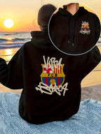 Hooded Sweatshirt with Front And Back Design, Featuring The Barcelona Football Club, FCB Printed Hoodie, Drawstring Casual Hooded Sweatshirt, Suitable for Winter And Autumn, Women'S Apparel. - Black
