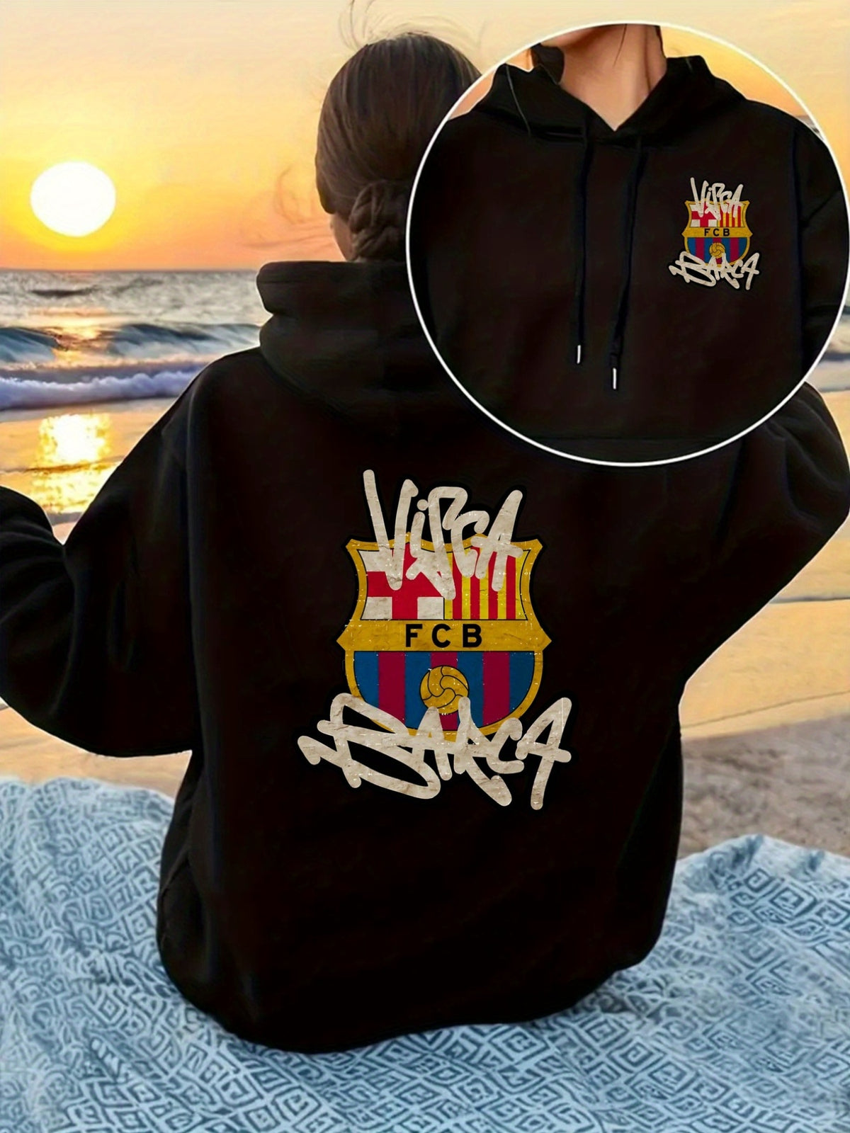 Hooded Sweatshirt with Front And Back Design, Featuring The Barcelona Football Club, FCB Printed Hoodie, Drawstring Casual Hooded Sweatshirt, Suitable for Winter And Autumn, Women'S Apparel. - Black