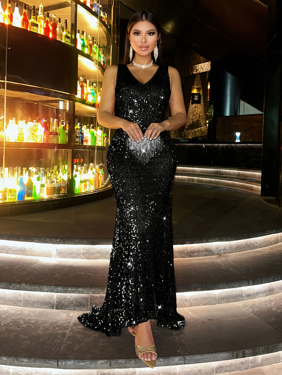 New Fashionable Women's Spring/Summer High-End Sequin Off-Shoulder Backless Waist-Cinching Mermaid Long Dress, Evening Gown for Prom, Party, Slim-Fit, Gorgeous, Elegant, and Graceful Dress, Wedding Guest Attire, Prom Evening Gown, Music Festival - Black