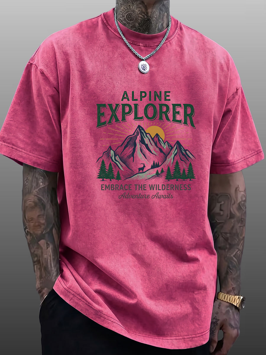 Short Sleeve T-Shirt Men'S Pure Loose Washed Distressed Top Mountain Adventure Forest Sunset Pattern Trendy Reversible Double-Sided Print Multicolor Casual American Street High Street Hip-Hop Style Daily Outing Commute Fitness Couple Style Y2K Natio - Rose Red
