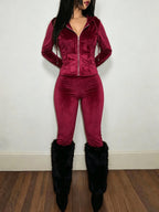 Women's 2pcs Korean Velvet Hooded Casual Set, New Autumn/Winter Style, Slim Fit Zipper Cardigan + Flared Pants 2pcs Set. Made of High-quality Golden Velvet Fabric, Soft, Comfortable, and with Excellent Drape. The Waist-cinching Cut Accentuates Body - Burgundy