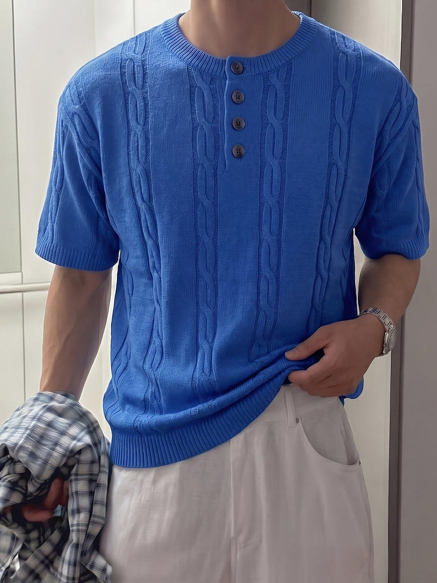 Spring Summer Men'S Unisex Casual Loose Easy Twisted Rope Pattern All-Match Business Commute Vacation Elegant Temperament Solid Color Round Neck Knit Top Button-Up Half-Open Placket Pullover Short Sleeve T-Shirt Knit Top Blue Sweater Back to School - Blue