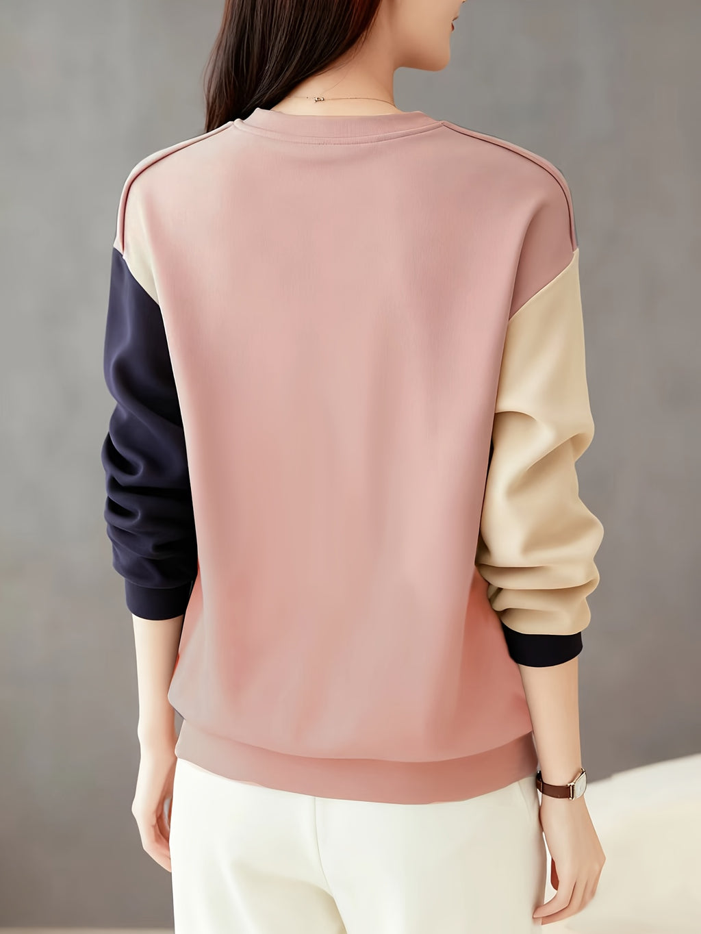 Fall Winter Women'S Fashion Color-Block Artistic Geometric Split Daily Casual Commute Sweatshirt - Pink Color