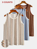 3 Counts Men'S Retro Striped Hollow Out Breathable Knit Tank Tops, Sleeveless Crew Neck Casual Vest Shirts for Summer Beach Workout Street Loungewear - apricot + blue + brown