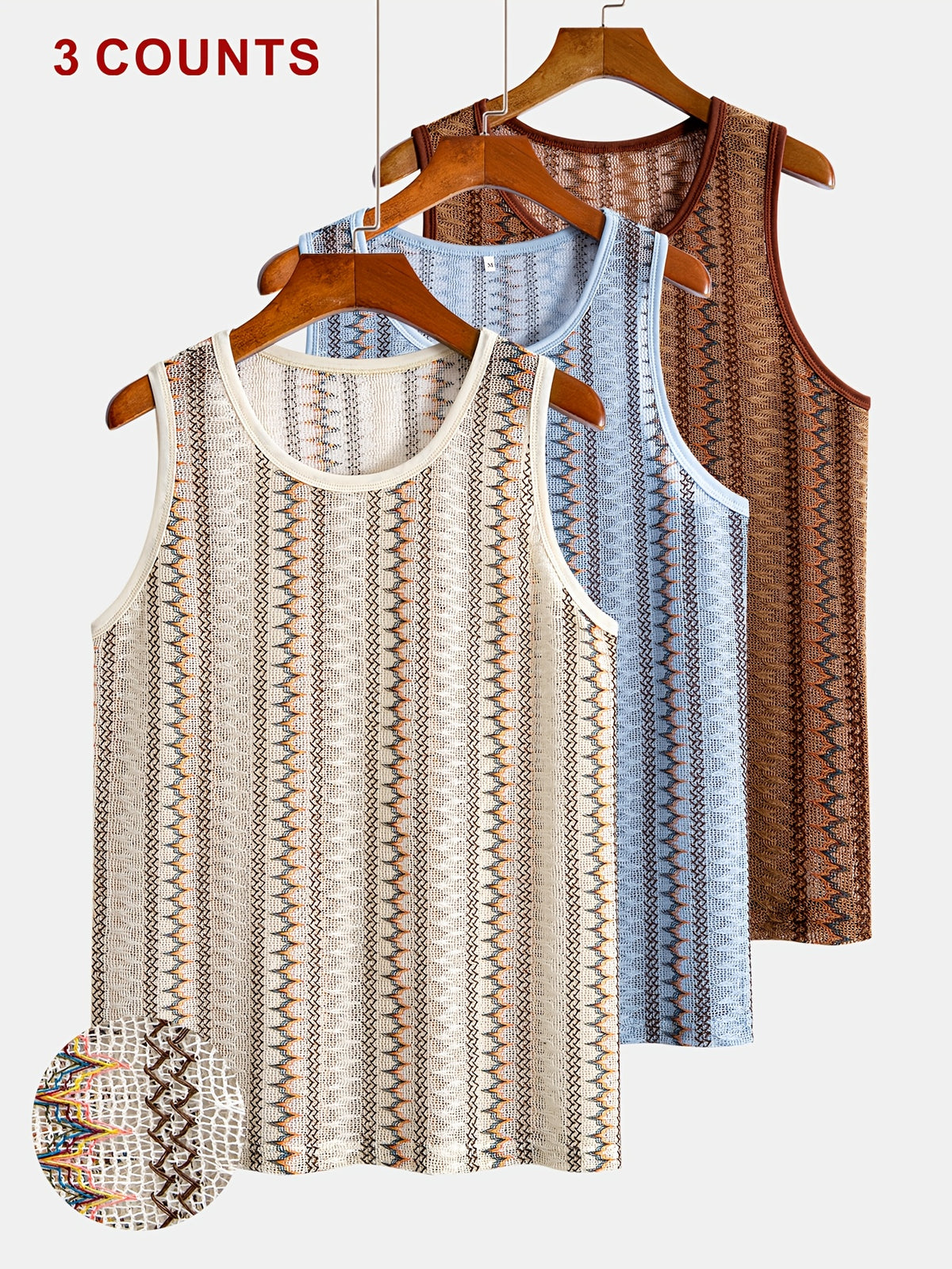 3 Counts Men'S Retro Striped Hollow Out Breathable Knit Tank Tops, Sleeveless Crew Neck Casual Vest Shirts for Summer Beach Workout Street Loungewear - apricot + blue + brown