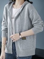 Women's Cardigan, Spring/Autumn Lazy Style Sweater Jacket, Loose Fit Outerwear Hooded Top - Grey