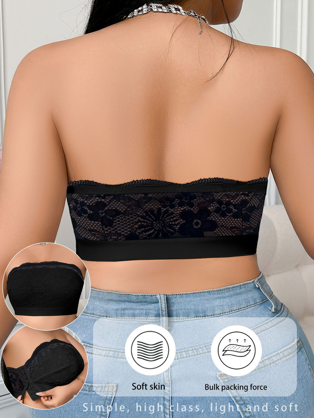 Lace-paneled Plus-size Women's Bra with Side-release Buckles, Wire-free Bralette, Casual and Comfortable, Beautiful Back Design, Thin S Style - Black