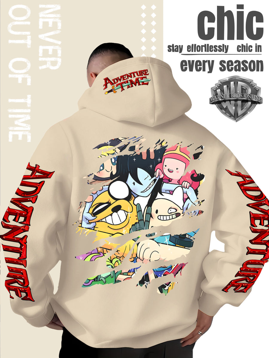 Men'S Hooded Sweatshirt Adventure Cartoon Theme Energetic Playful Gathering Group Anime Ripped Graffiti Print Pullover Top Autumn Winter Soft Comfortable Long Sleeve Hoodie Machine Washable Non-Pilling Durable Fabric American Trendy Street Style Men - Apricot