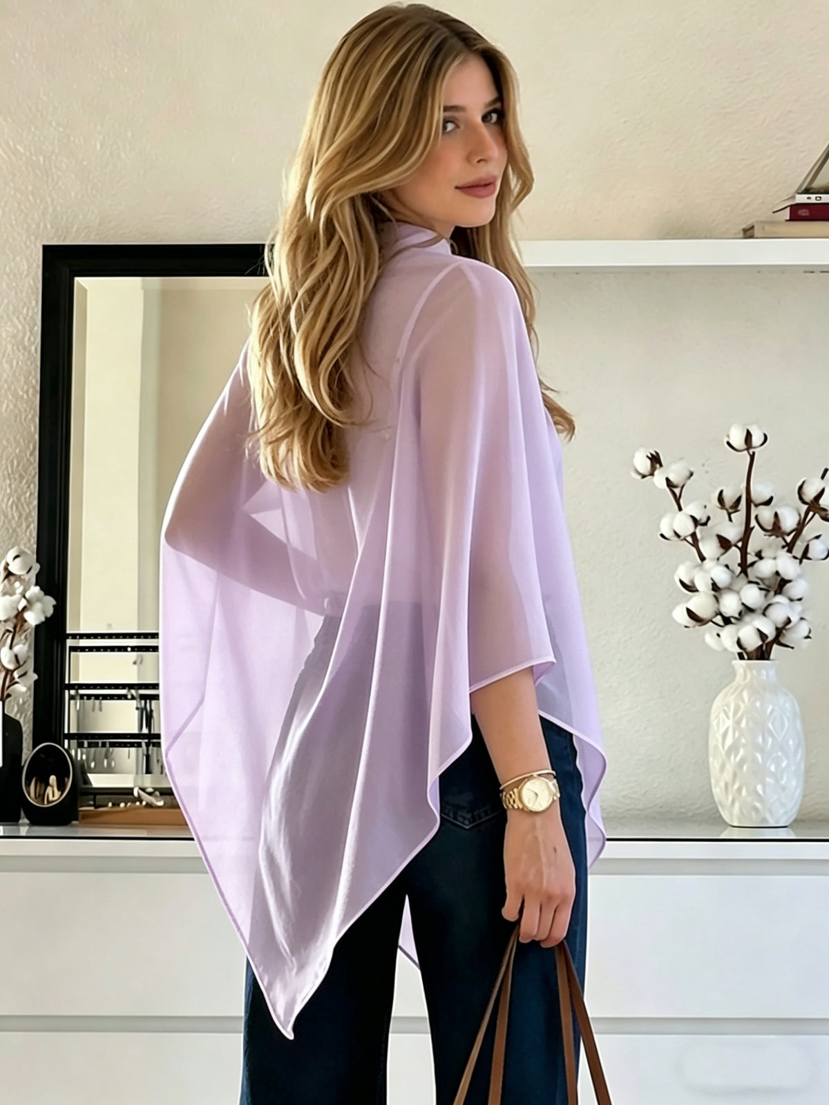 Women'S Asymmetrical Hem Chiffon Top, Casual Commute Blouse, Inner Layer Not Included - Light Purple