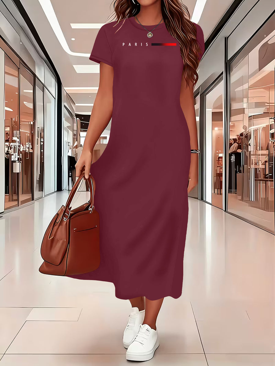 Women's Fashionable Dress, Elegant Casual Dress with Parisian Letter Print, Round Neck Short Sleeved Dress, Vacation Style, Summer Breathable Beach Dress, Suitable for Outdoor and Daily Wear, Wome - Burgundy