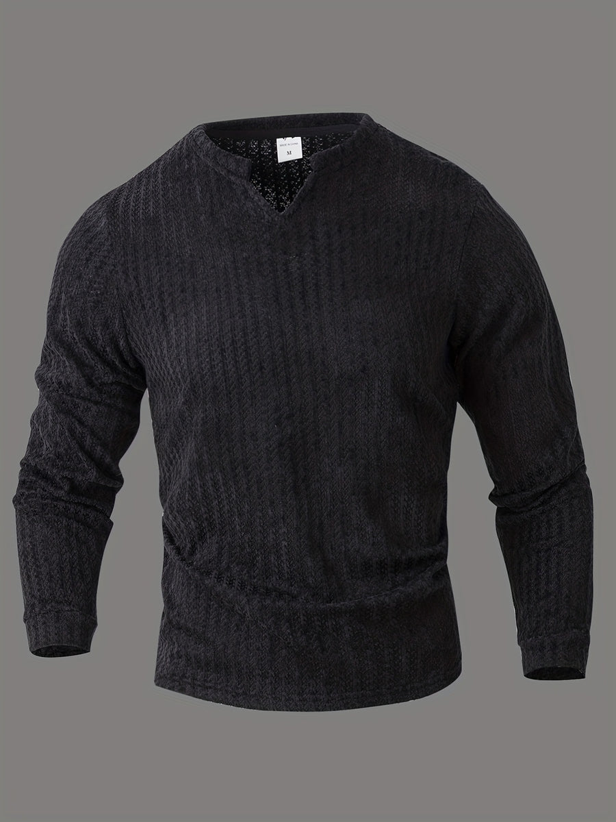 Men's New Fashion Casual V-Neck Long Sleeve Henley Shirt | High-Quality Men's Autumn/Winter Warm Sports Sweater | Perfect Christmas Gift for Boyfriend or Husband | Two-Tone Houndstooth Pattern Design | Thick and Warm | Ideal for Daily Casual - Black