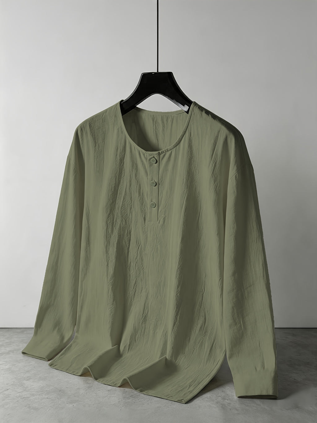Spring/Summer Lightweight Cotton-Linen Henry Long-Sleeve Shirt for Men, Half-Open Placket Stand Collar Solid Color Top, Soft and Comfortable Casual Shirt for Daily Outings, Autumn Menswear - Green