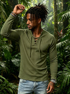 3pcs Men's Vintage Ribbed Knit Henley Long Sleeve Shirt - V-Neck Tie-Back Design, Slim Fit for a Slimming Look, American Tough Guy Style Raglan Sleeve T-Shirt, Versatile Base Layer for Autumn/Winter Fitness, Sports, and Streetwear - Gray+green+white
