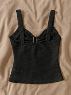 Women'S Pure Innocent Style Wavy Texture Cami Top, Summer New Metallic Floral V-Neck Slim Short Inner Top - Black