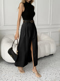 Women'S Old Money Style Elegant Commuter Solid Pocket Mid-Waist Slit A-Line Maxi Skirt (No Belt), Suitable for Dates/Vacation/Outing/Casual/Commute/Elegant/Fashion/Casual/Office/Retro/Holiday/Fun/Elegant/Old Money Style/Streetwear/Vacation Wear/Coun - Black