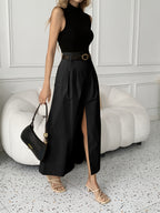 Women'S Old Money Style Elegant Commuter Solid Pocket Mid-Waist Slit A-Line Maxi Skirt (No Belt), Suitable for Dates/Vacation/Outing/Casual/Commute/Elegant/Fashion/Casual/Office/Retro/Holiday/Fun/Elegant/Old Money Style/Streetwear/Vacation Wear/Coun - Black