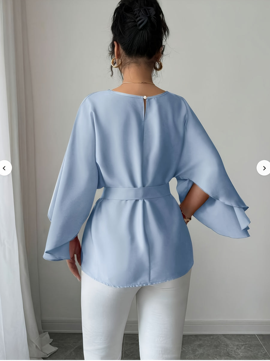 Round Neck Long Sleeve Loose Waist Tie Elegant Noble Versatile Top Trend - Light Blue
