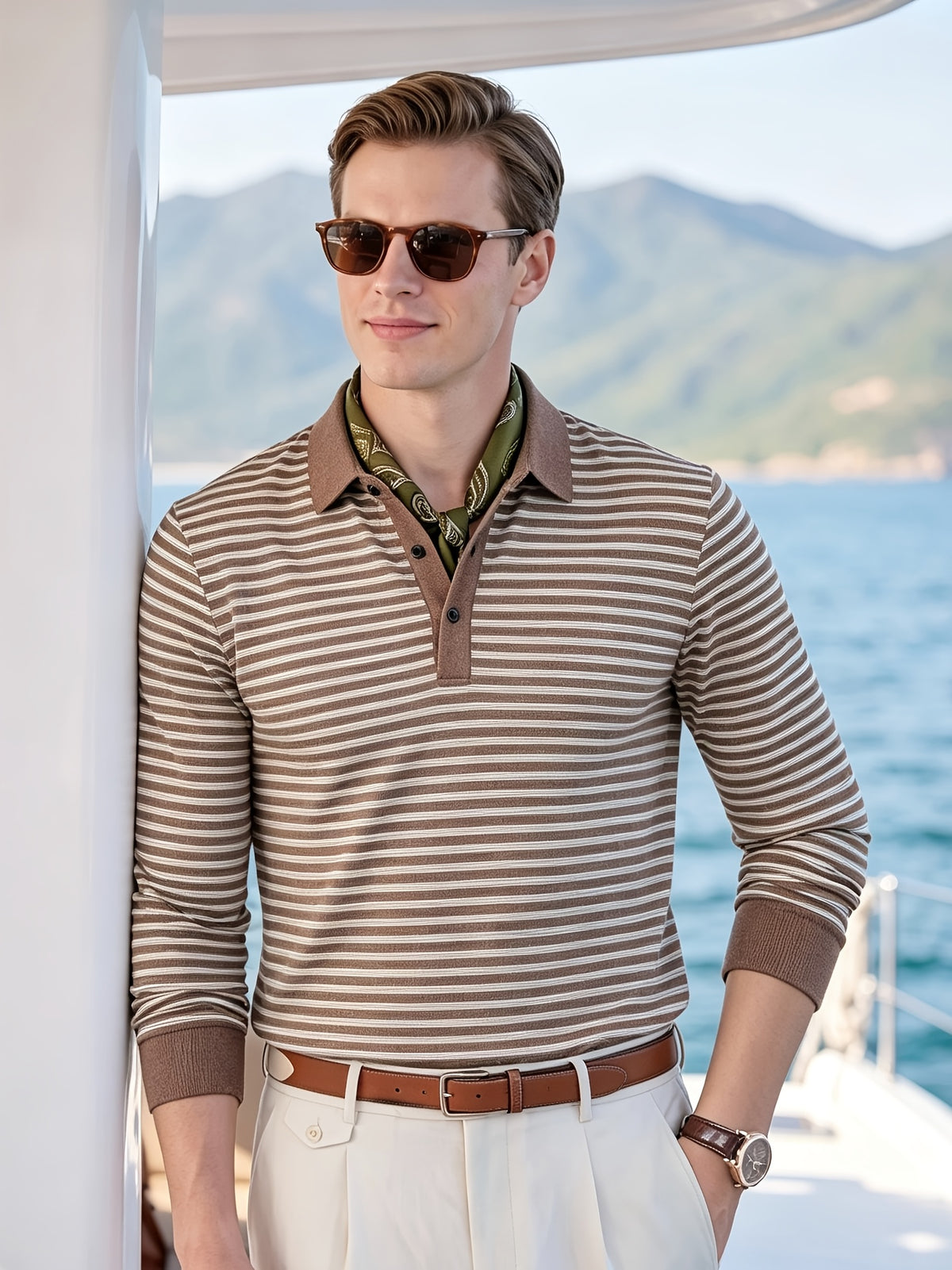 Men's Autumn/Winter Long-Sleeve Polo Shirt, Warm, Classic Striped, Simple and Elegant, Breathable, for Outdoor Wear, Skin-Friendly, with Lapel, Versatile, Ideal for Commuting and Business - Light Brown-1