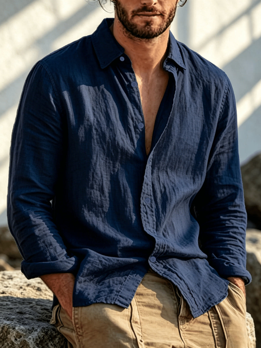 Single Piece Summer Men's Cotton and Cotton And Linen Blend Long Sleeved Shirt, 26 Year Fashionable and Simple Style, Loose Fit, Button up Cardigan Versatile Design, Soft and Breathable Fabric, Preferred for Daily Leisure Commuting - Navy Color