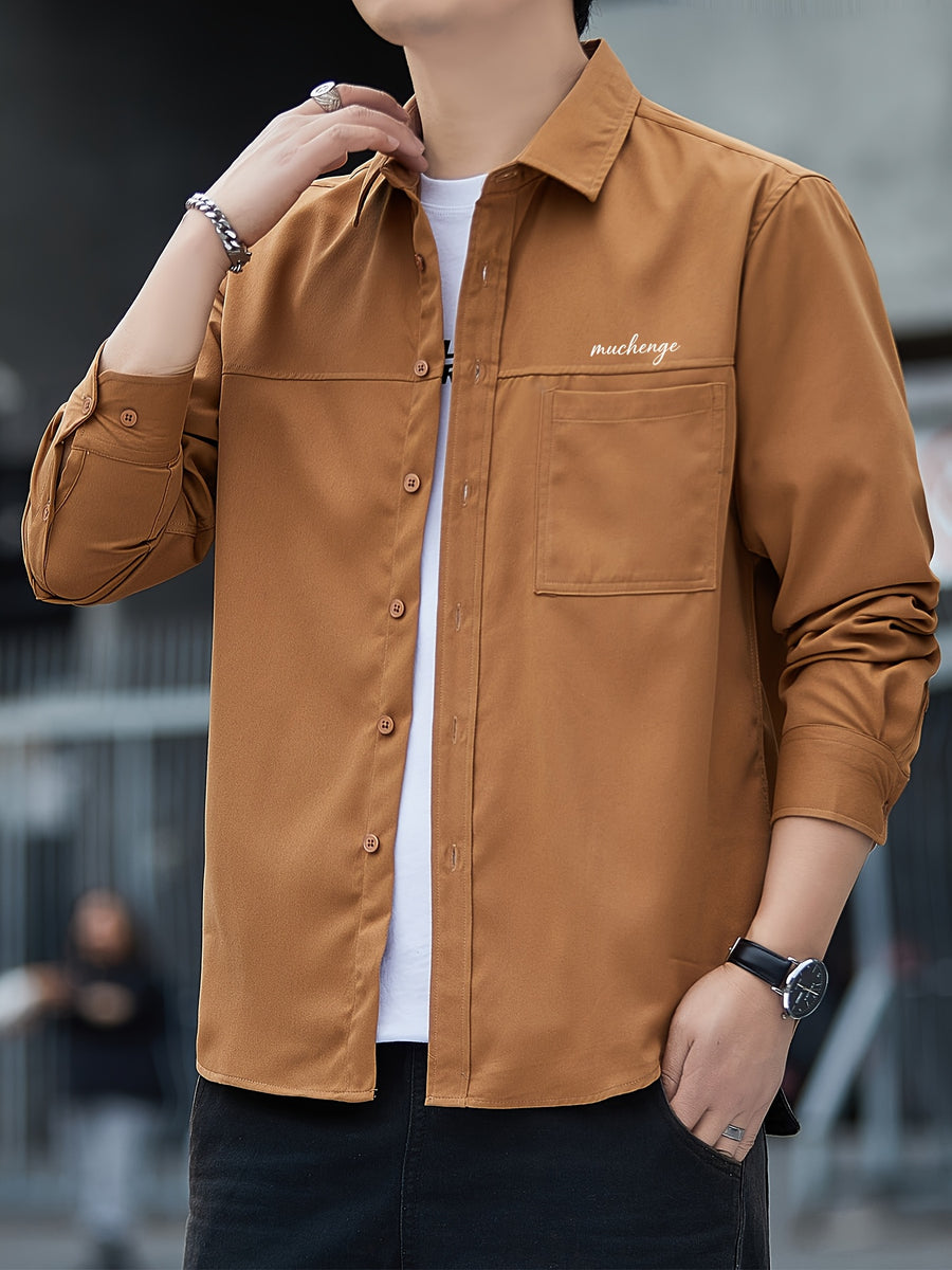 Men'S Long Sleeve Shirt Patchwork Single Pocket Letter Print Outdoor Casual Spring Autumn Regular Daily Commute Office Date Party - Rust