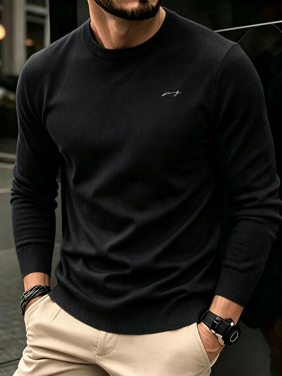 Men'S Long Sleeve Knit Sweater, Easy Style, Fashionable Men'S Clothing Regular Fit Versatile Round Neck Knit T-Shirt, Outdoor Casual Everyday Wear - Black