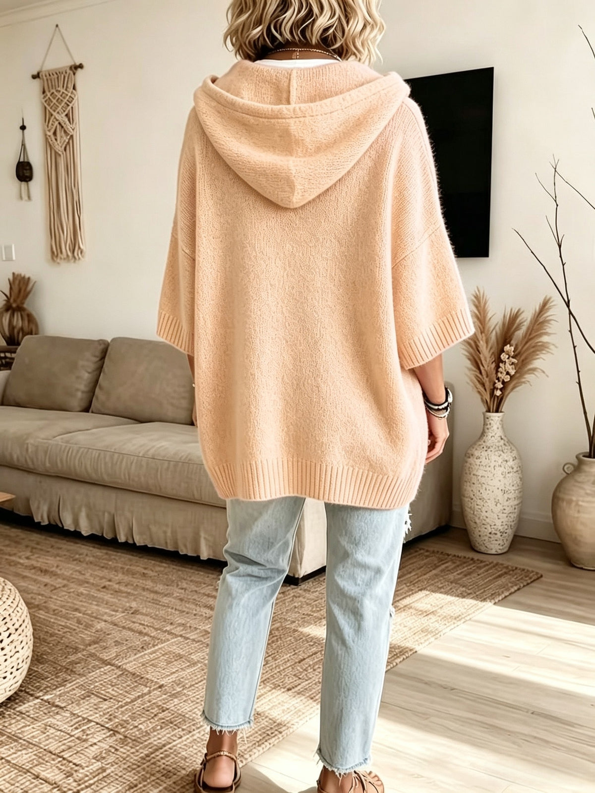 Women's Elegant Casual Style Cute and Sexy Hooded Sweatshirt, Cropped Batwing Sleeve Top, Short Sleeve, Mid-Sleeve Cardigan, Knitwear, Solid Color, Soft and Warm Sweater - Shrimp Pink