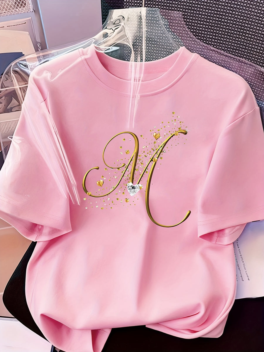 Women's Casual Short Sleeved T-shirt - M Letter Pattern Print, Regular Round Neck Top, Suitable for All Seasons, Women's Clothing - Pink