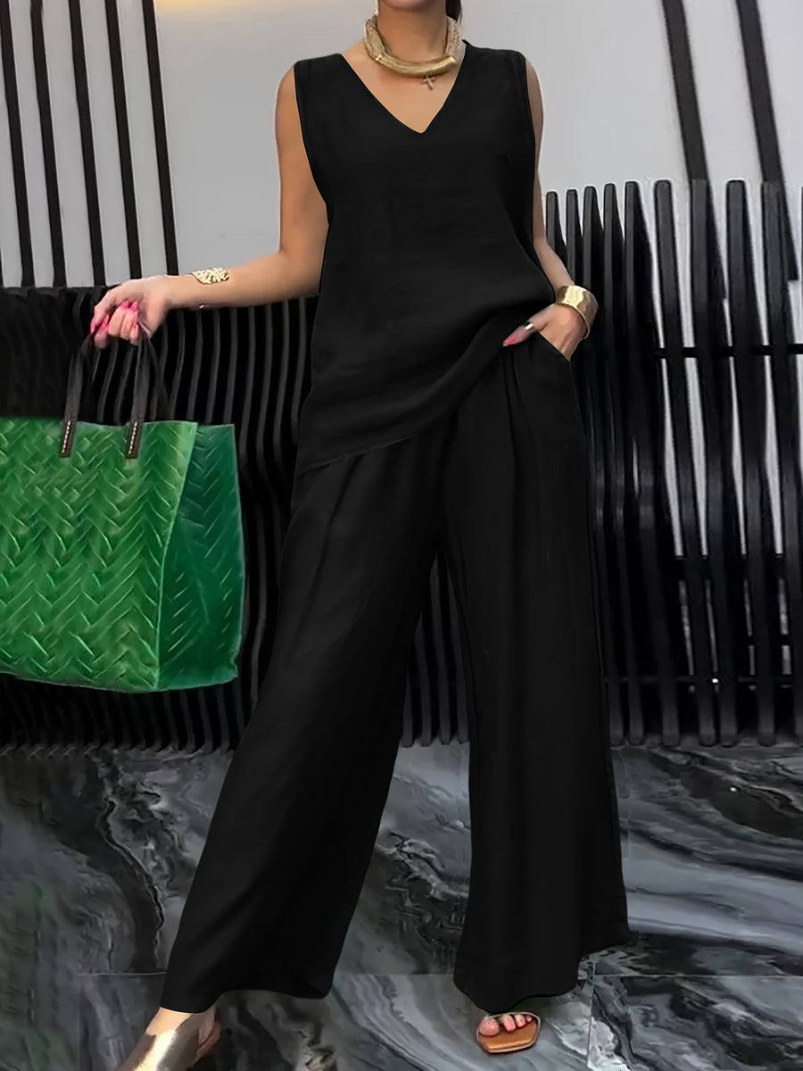 Women's Casual 2pcs Set Solid Color Loose Sleeveless V-Neck Tank Top + Wide-Leg Pants - Black