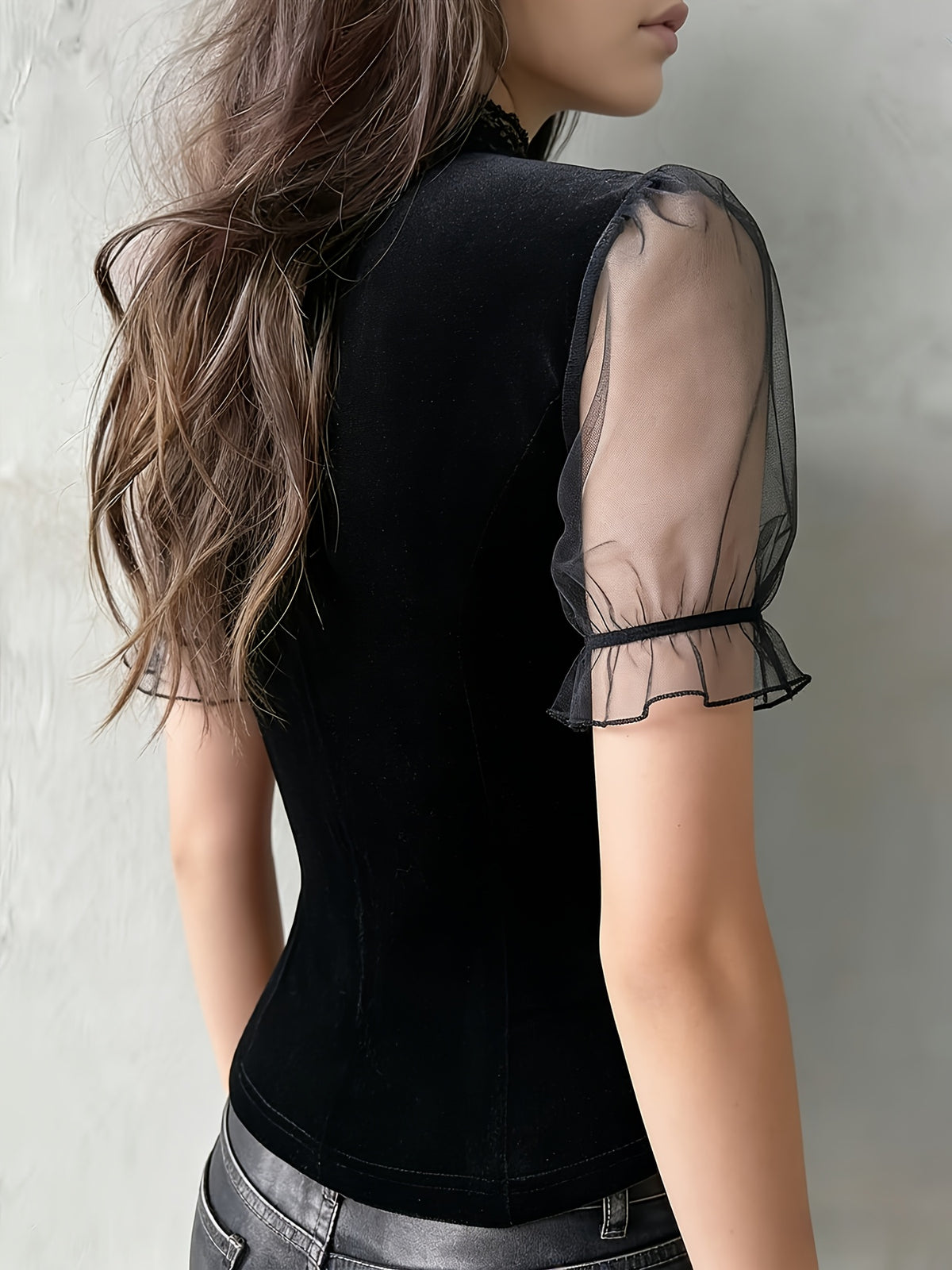 Development Bk260306052]Chic Velvet Sheer Sleeve Corset Top with Lace Trim Elegant Special - Black