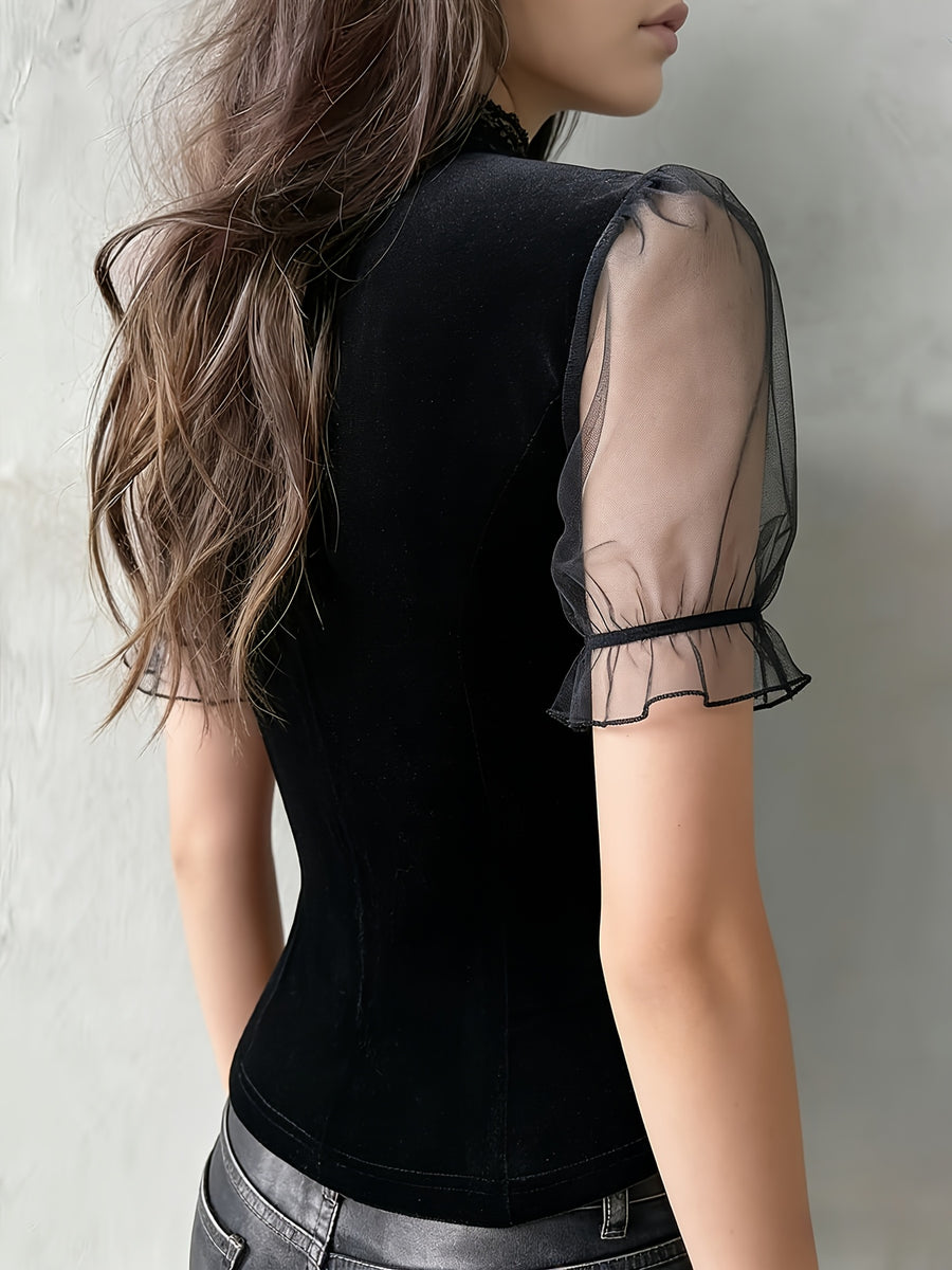 Development Bk260306052]Chic Velvet Sheer Sleeve Corset Top with Lace Trim Elegant Special - Black