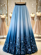 Spring/Summer Women's Elegant Printed Long A-Line Skirt with Layered Chiffon Hem, Elegant Style Skirt for Daily Wear, Vacation, Outings, and Travel, Suitable for All Seasons, Perfect for Both Casual and Formal Outfits - Royal Blue